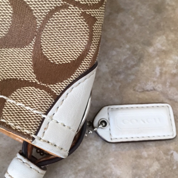 Coach Signature Slouchy Tote Signature Logo Canvas & Leather Khaki Bag purse - Picture 6 of 13